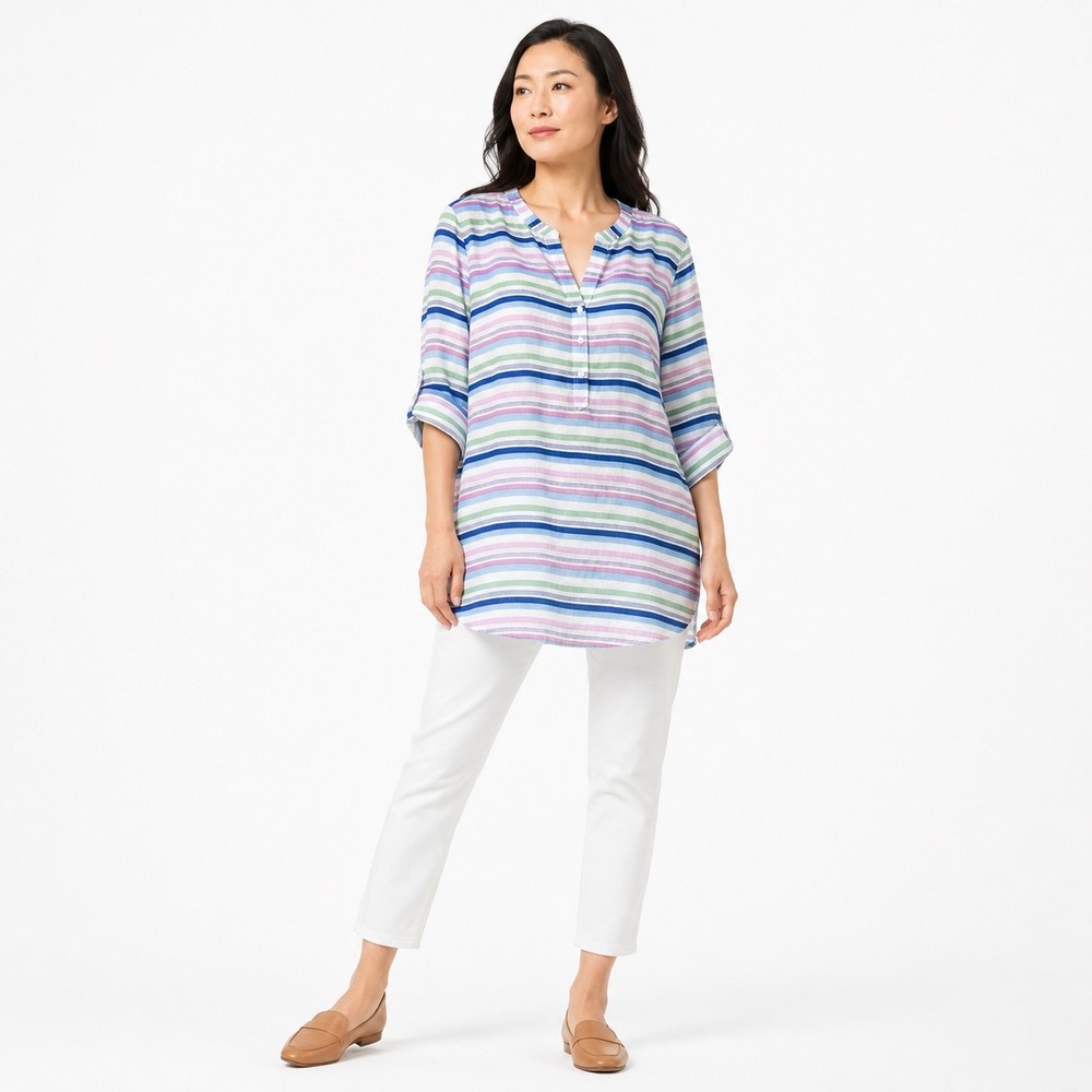 Talbots Tunic Top 100% Linen Multi Color Striped Coastal Preppy Resort Women XL